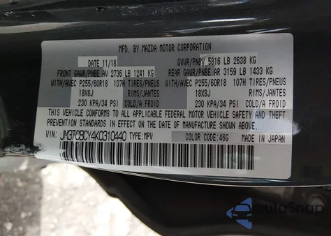 2019 Mazda Cx-9 Touring from USA, damaged, VIN JM3TCBCY4K0310440